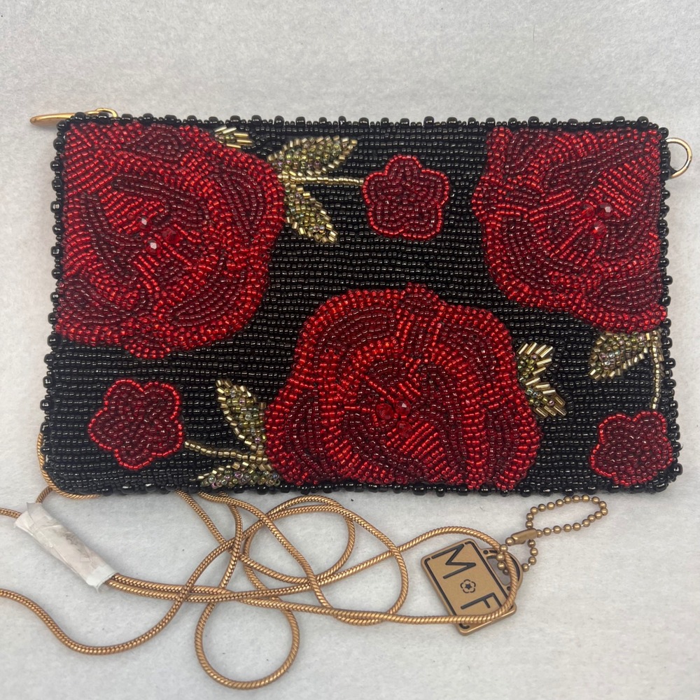 Mary Frances Womens Beaded Spanish Rose Floral Evening Clutch Bag OS Red Black